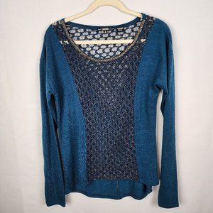 Miss Me Teal Sweater with Lace Panel